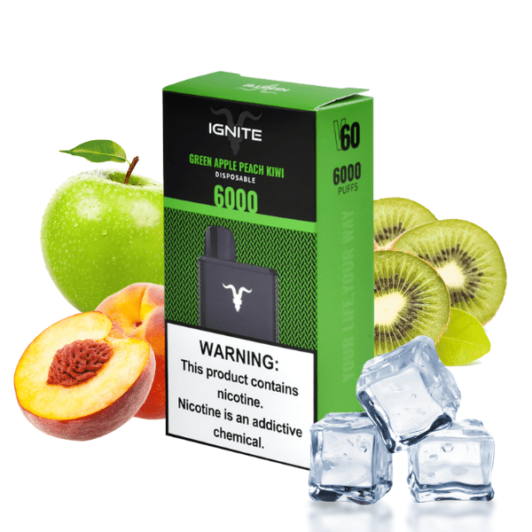 POD DESCARTÁVEL V60 5% 6000 PUFFS - GREEN APPLE PEACH KIWI - IGNITE