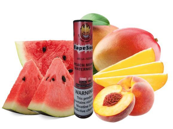 POD DESCARTÁVEL 5% NICSALT MEGA 5000 PUFFS C/ AJUSTE DE AIR FLOW - PEACH MANGO WATERMELON - VAPESOUL