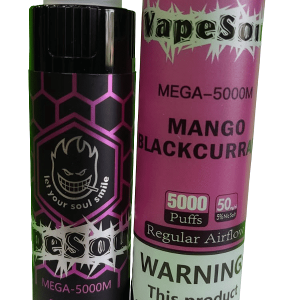POD DESCARTÁVEL 5% NICSALT MEGA 5000 PUFFS C/ AJUSTE DE AIR FLOW - MANGO BLACKCURRANT - VAPESOUL