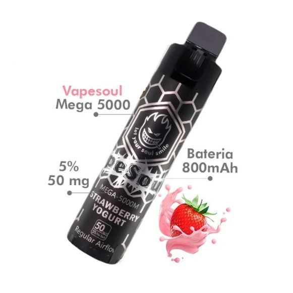 POD DESCARTÁVEL 5% NICSALT MEGA 5000 PUFFS C/ AJUSTE DE AIR FLOW - STRAWBERRY YOGURT - VAPESOUL