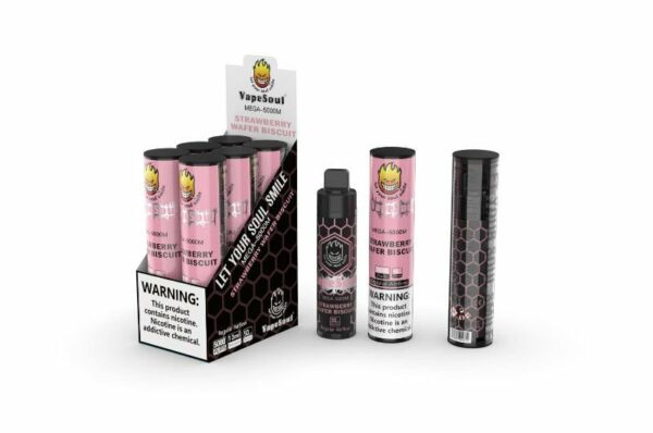 POD DESCARTÁVEL 5% NICSALT MEGA 5000 PUFFS C/ AJUSTE DE AIR FLOW - STRAWBERRY WAFER BISCUIT - VAPESOUL - Imagem 2